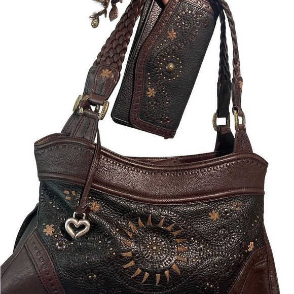 BRIGHTON Montreal Western Studded Flowers Leather 2 Toned Handbag & Wallet “SET” - Picture 1 of 15